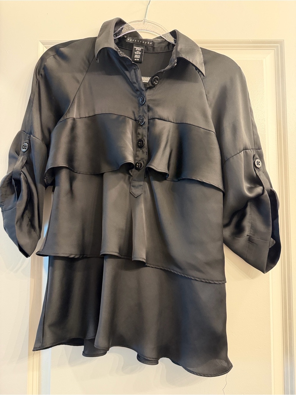 Apostrophe Black Satin Tiered Button-Front Blouse